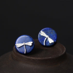 925 Pure Silver Stud Earrings for Women Dragonfly Handmade Round Lapis Lazuli Earrings Anti Allergy Vintage Fine Jewelry
