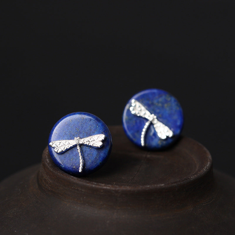 925 Pure Silver Stud Earrings for Women Dragonfly Handmade Round Lapis Lazuli Earrings Anti Allergy Vintage Fine Jewelry
