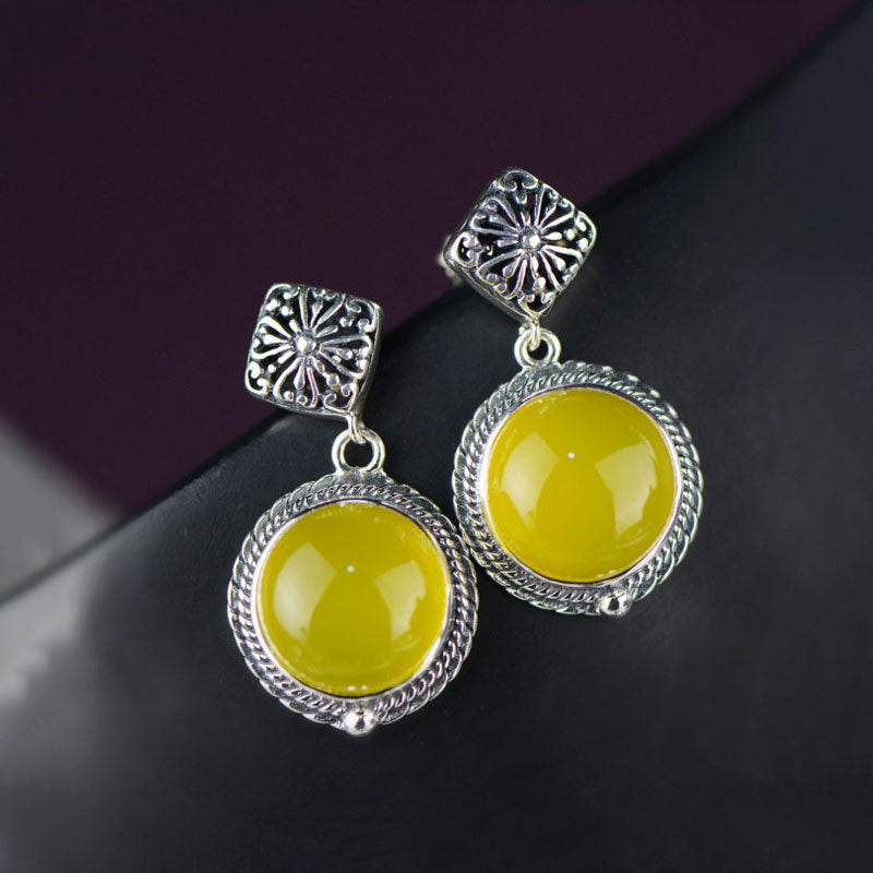 925 Silver Earring Women Vintage Yellow Chalcedony Cross S925 Thai Sterling Silver boucle d'oreille Drop Earrings