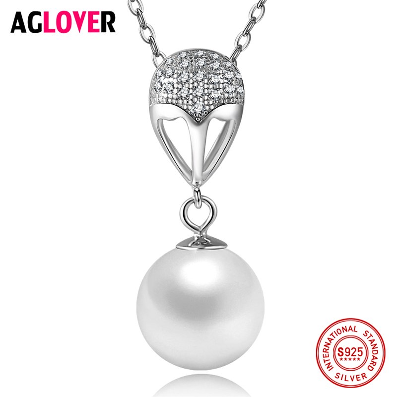 925 Silver Necklace 10mm Pearl Round Pendant Women Necklace Sterling Silver Charm Female Jewelry
