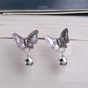 925 Sterling Silver Authentic Vintage Thai Silver Butterfly with Round Beads Small Hanging Stud Earring for Women
