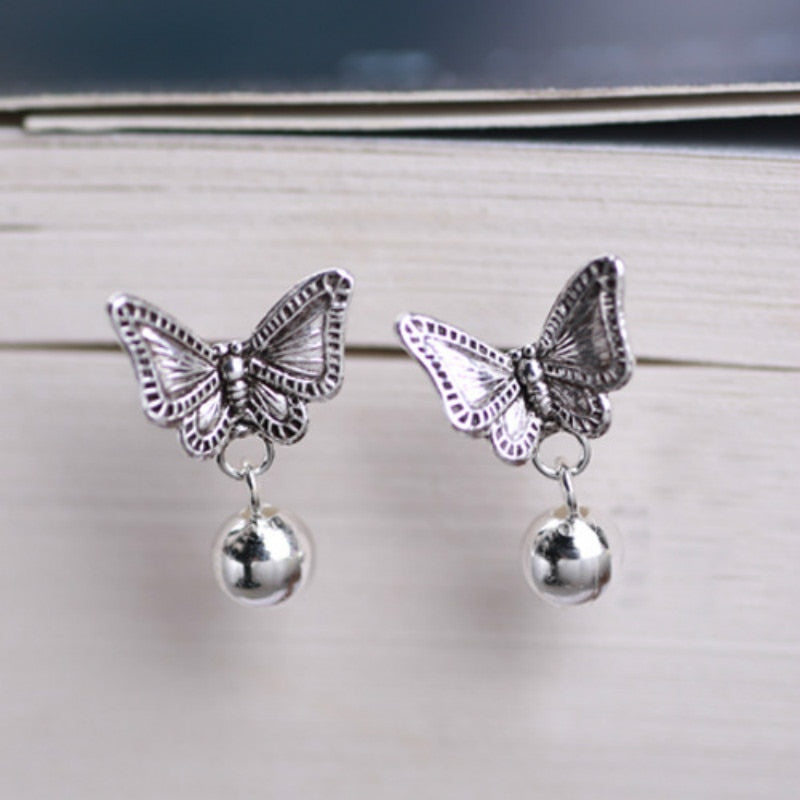 925 Sterling Silver Authentic Vintage Thai Silver Butterfly with Round Beads Small Hanging Stud Earring for Women