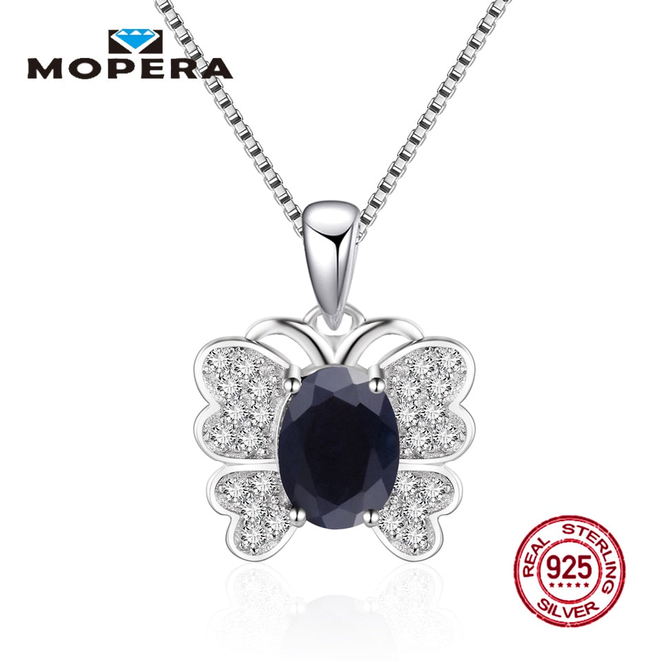 925 Sterling Silver Butterfly Pendant Necklace 1.38ct Natural Sapphire Chokers Necklaces For Women Genuine Silver Fine Jewelry