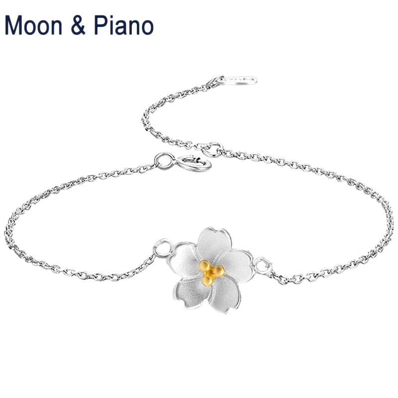 925 Sterling Silver Cherry Blossom Sparkling Strand Bracelet For Women Engagement Anniversary Beautiful Birthd Gift 2018 New