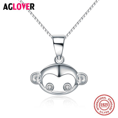 925 Sterling Silver Children Jewelry Cute White Cubic Zircon Monkey Necklaces & Pendants For Girls Anti Allergic Jewelry Box