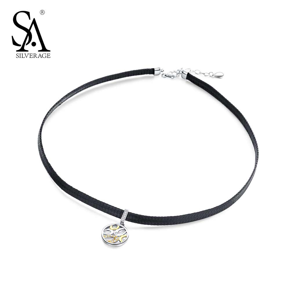 925 Sterling Silver Choker Necklaces for Women 2018 New Black Leather 18K Gold Charms AAA CZ Necklaces & Pendant