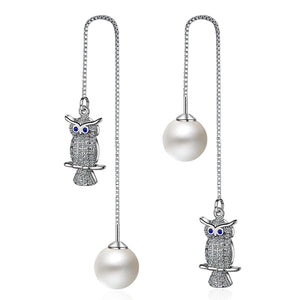 925 Sterling Silver Crystal Owl Drop Earrings for Women Gril Wedding Female Pearl Jewelry Gift Bijoux brincosEH610