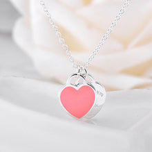 Carica l&#39;immagine nel visualizzatore di Gallery, 925 Sterling Silver Double Heart Pendant Necklace Blue Pink Enamel Chain Clavicle Necklace Best Gift for Women Girl Short Choker
