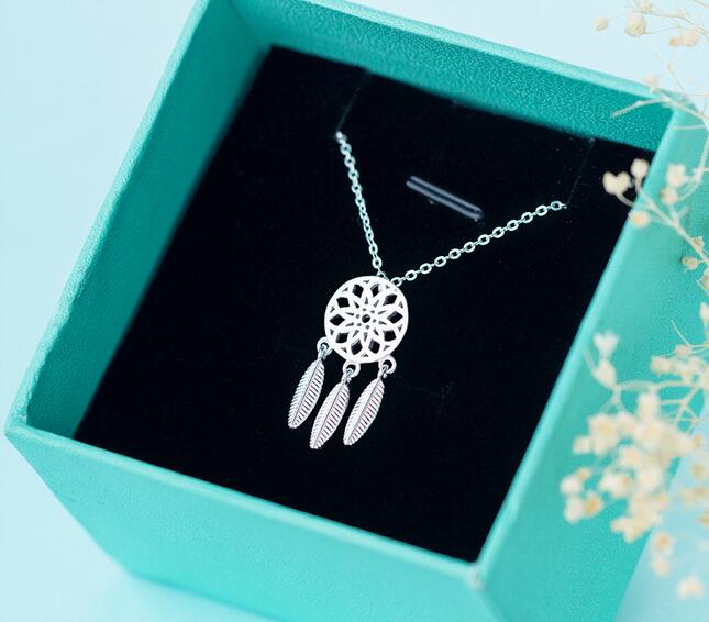 925 Sterling Silver Dreamcatcher feather Charm Necklace Pendant Silver Dream Catcher Pendant Statement Choker Necklace GTLX487