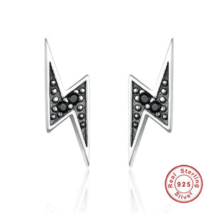 925 Sterling Silver Exquisite Black Zircon Lightning Stud Earrings for Women Fine Jewelry