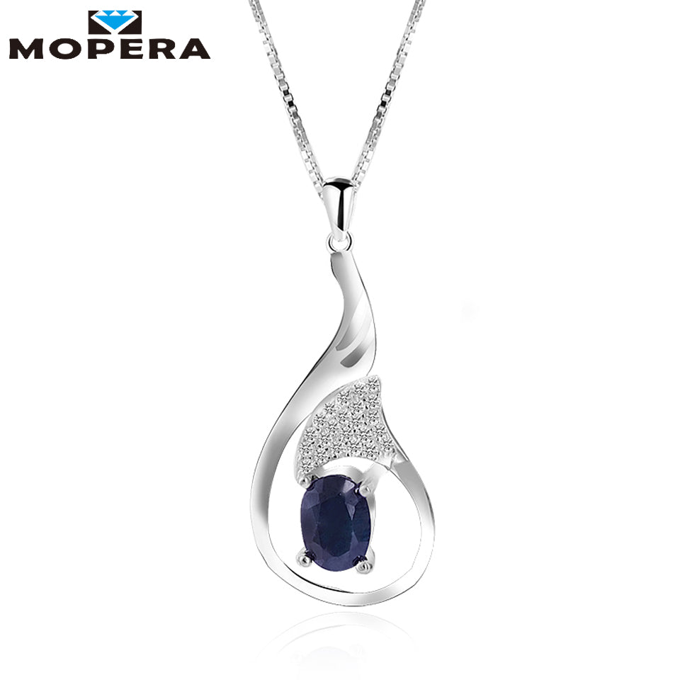 925 Sterling Silver Feather Pendant Necklaces For Women Fashion Natural Sapphire Pendant With Chain Necklace Party Fine Jewelry