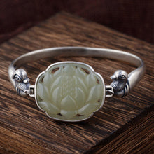 Load image into Gallery viewer, 925 Sterling Silver Hetian Jade Bracelets For Women Egraved Lotus Flower Bracelets &amp; Bangles Thai Silver Natural Gemstone