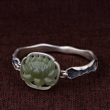 Load image into Gallery viewer, 925 Sterling Silver Hetian Jade Bracelets For Women Egraved Lotus Flower Bracelets &amp; Bangles Thai Silver Natural Gemstone
