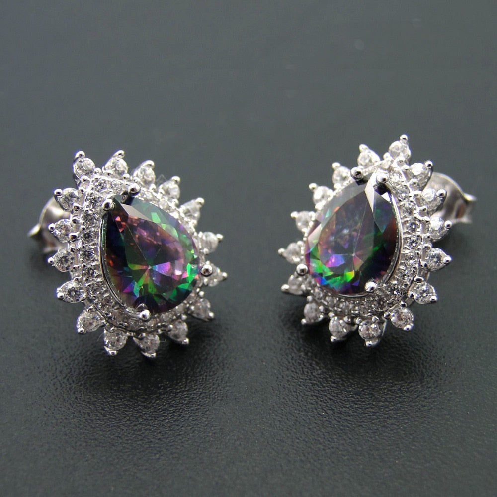 925 Sterling Silver Jewelry Rainbow Pear Shape Mystic Topaz Stud Earrings for Women Jewelry Wedding Gift Birthd Party Jewelry