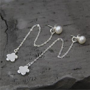 Orecchino a bottone con fiore e perla in argento sterling 925 a catena lunga per le donne Gioielli tailandesi fatti a mano per le donne Il miglior regalo d'amore per la ragazza 