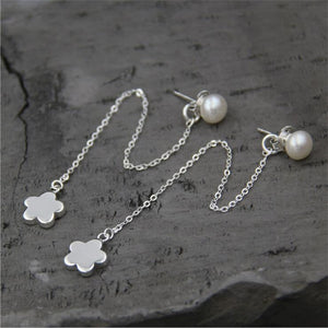 925 Sterling Silver Long Chain Flower & Pearl Stud Earring For Women Hand Made Thai Jewelry For Women Best Love Gift For Girl