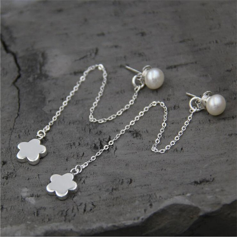 Orecchino a bottone con fiore e perla in argento sterling 925 a catena lunga per le donne Gioielli tailandesi fatti a mano per le donne Il miglior regalo d'amore per la ragazza 
