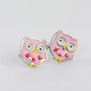 925 Sterling Silver Lovely Hypoallergenic Pink Owl with Hearts Enemal Stud Earrings Jewelry for Girls, Animal Earring