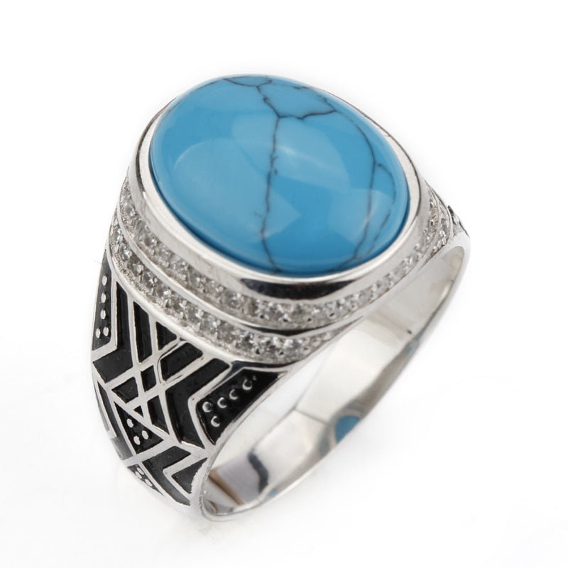 925 Sterling Silver Men Ring Sea Blue Color Crack Turquoise Big Stone with Clear Small CZ Stripe for Men Wedding Fine Jewelry