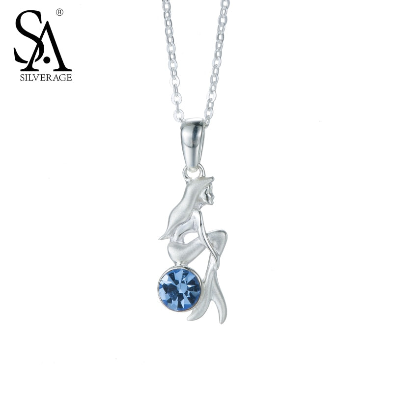 925 Sterling Silver Mermaid Charms Necklaces Blue CZ Sterling Silver Necklaces & Pendant Fine Jewelry for Women