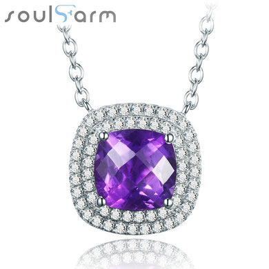 925 Sterling Silver Necklace for Women White Gold Plated Women Accessories Fancy Square Purple Crystal Necklace