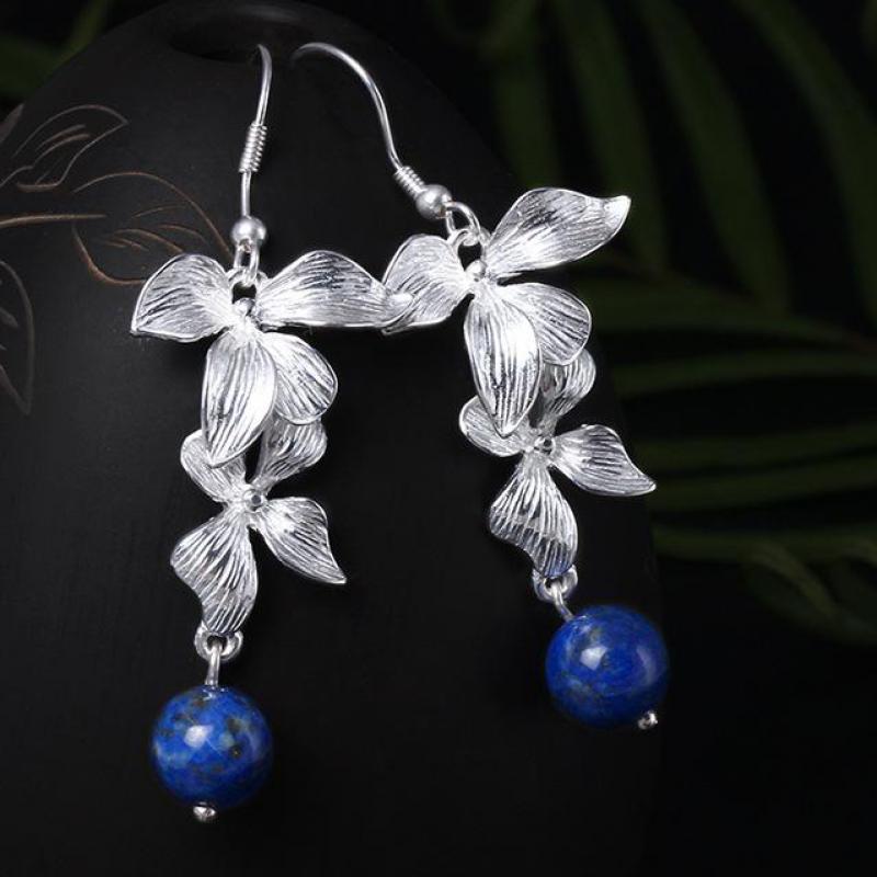 925 Sterling Silver Orchids Flowers Drop Earrings For Women Elegant Natural Stone Lapis Lazuli Anti Allergy Earrings Accessories