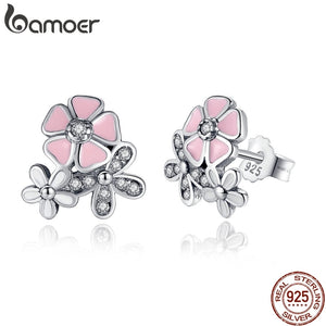 925 Sterling Silver Poetic Daisy Cherry Blossom Drop Earrings Mixed & Clear CZ Pink Flower Women ANNIVERSARY SALE 2018 PAS461