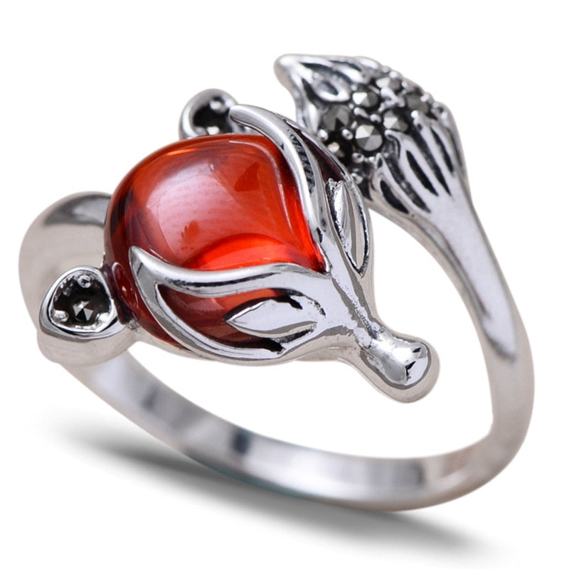 925 Sterling Silver Retro Open Ring Men Thai Silver Fine Jewelry Gift Lovely Red Garnet Fox Finger Ring CH056625