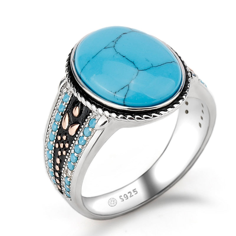 925 Sterling Silver Turquoise Ring Oval Sky Blue Stone Life Track Significance Ring for Men Wedding Fine Jewelry