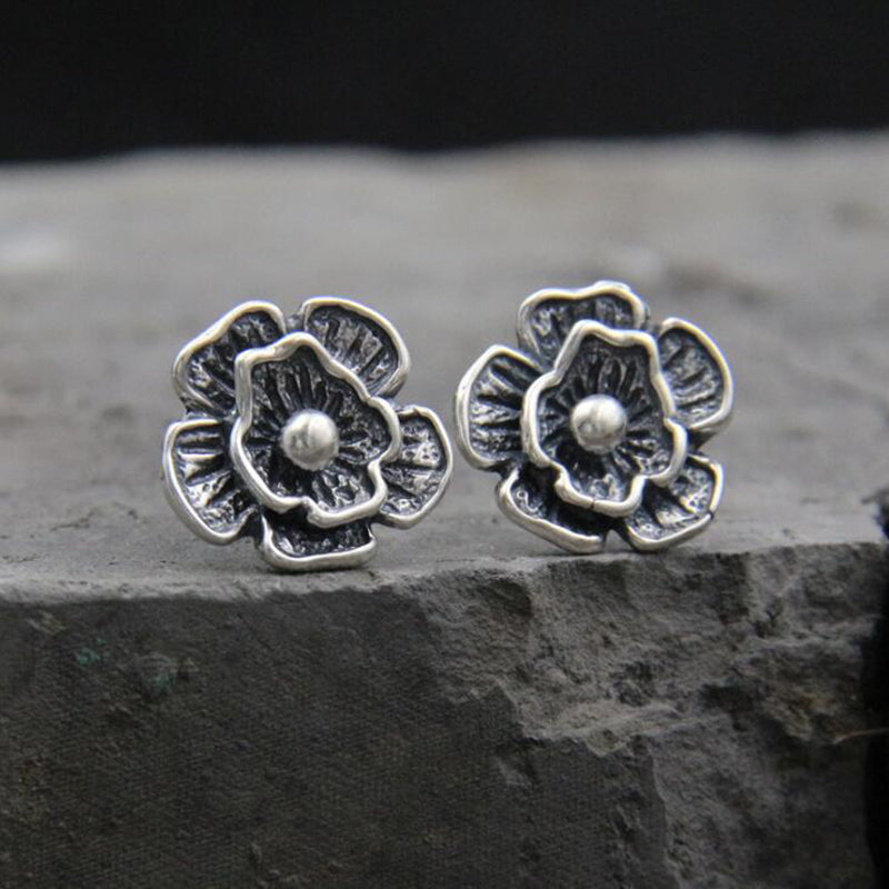925 Sterling Silver Vintage Rose Stud Earring For Men & Women Ethnic Earring Hand Made Thai Jewelry arete de plata para mujer