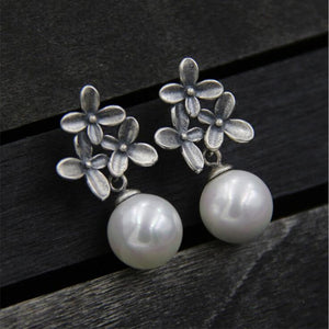 925 Sterling Silver Vintage Tiny Flowers & Pearl Stud Earring For Women Hand Made Thai Jewelry For Women Best Love Gift For Girl
