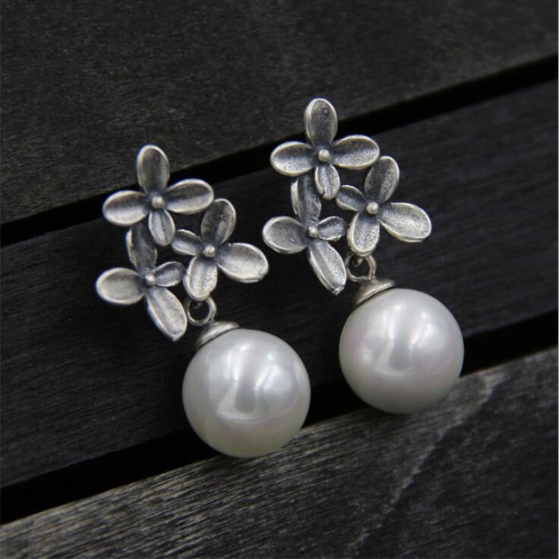 925 Sterling Silver Vintage Tiny Flowers & Pearl Stud Earring For Women Hand Made Thai Jewelry For Women Best Love Gift For Girl