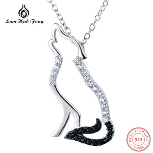 925 Sterling Silver Wolf Pendant Necklace for Women Fashion Jewelry Black White Cubic Zirconia Animal Choker Necklace