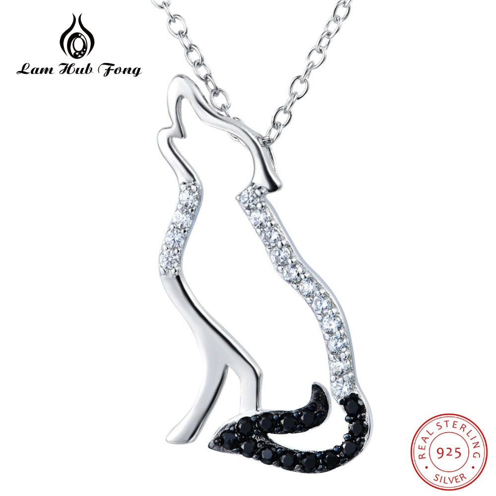925 Sterling Silver Wolf Pendant Necklace for Women Fashion Jewelry Black White Cubic Zirconia Animal Choker Necklace