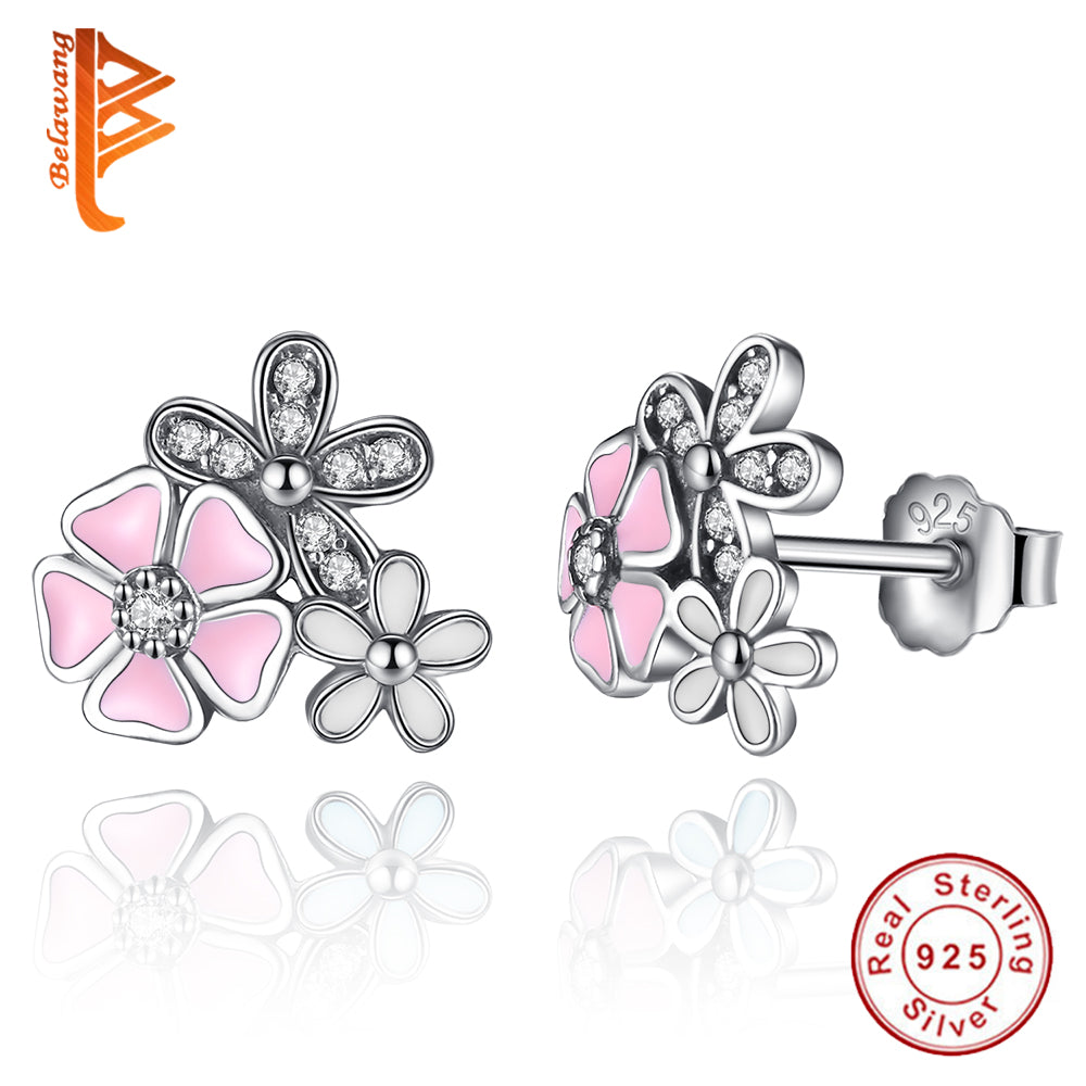 925 Sterling Silver Women Stud Earrings Pink Enamel & Zircon Blossoms Daisy Flower Earrings Female Fashion Jewelry Gift