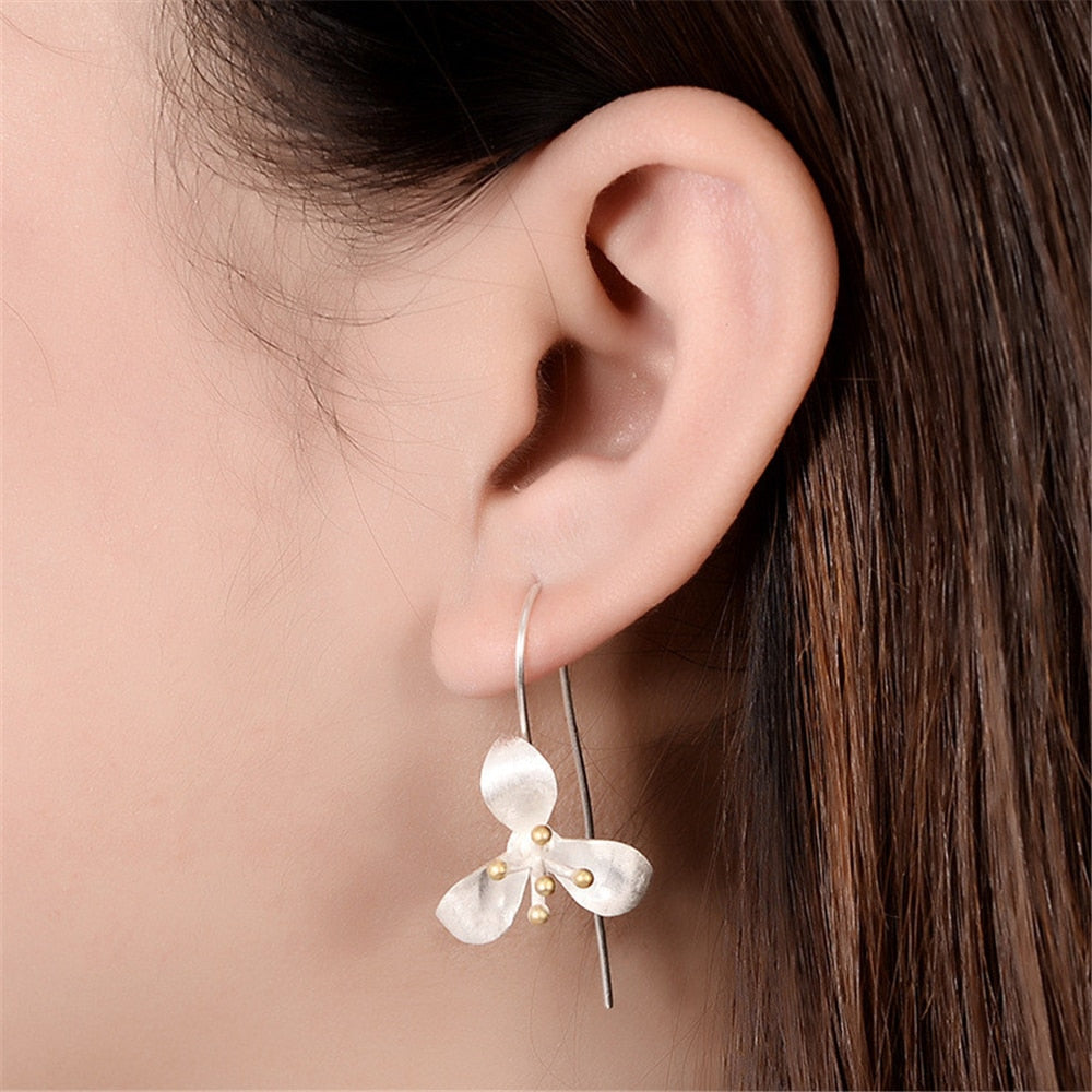 925 Thai silver earrings handmade crafts fashion female long section Drop Earrings Clover flower jewelry retro cute 2017
