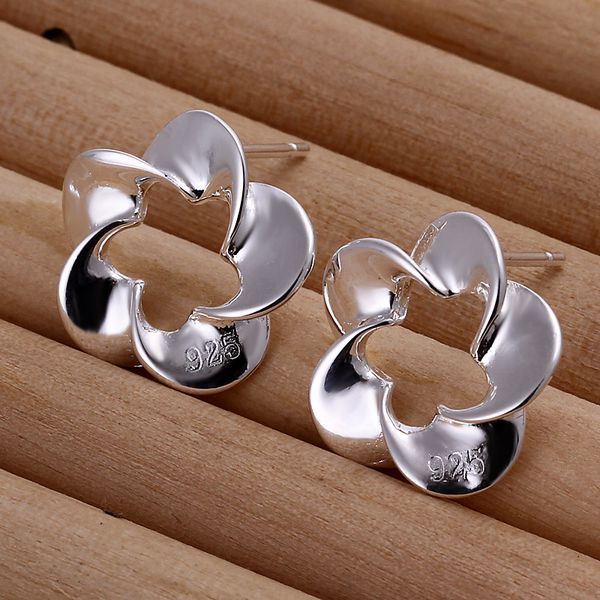925 jewelry silver plated earrings, 925 jewelry jewelry, Twisted Hollow Flower Earrings E190
