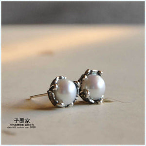 925 pure wind comfort system intime manual Retro Old silversmith lotus supporting Pearl Earrings
