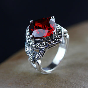 925 silver jewelry silver ring Retro Green Agate chalcedony Ruby garnet Japan palace female old silversmith