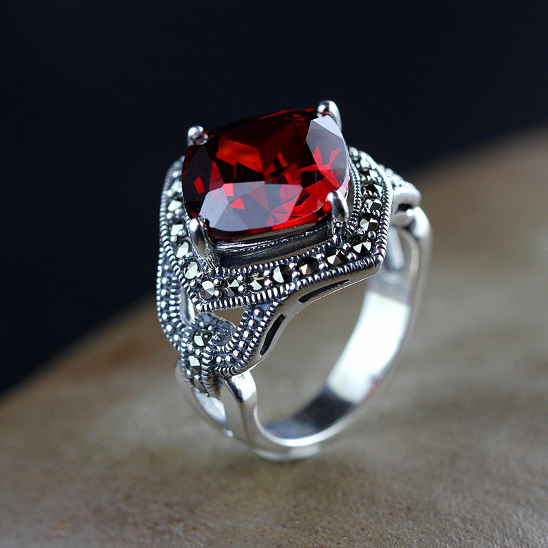 925 silver jewelry silver ring Retro Green Agate chalcedony Ruby garnet Japan palace female old silversmith