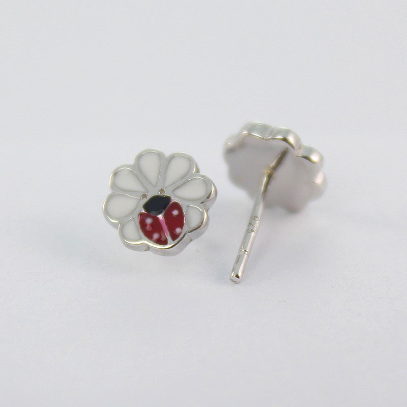 925 sterling silver cute daisy earrings enamel ladybug stud earring for girls kids children woman flower and animal earrings