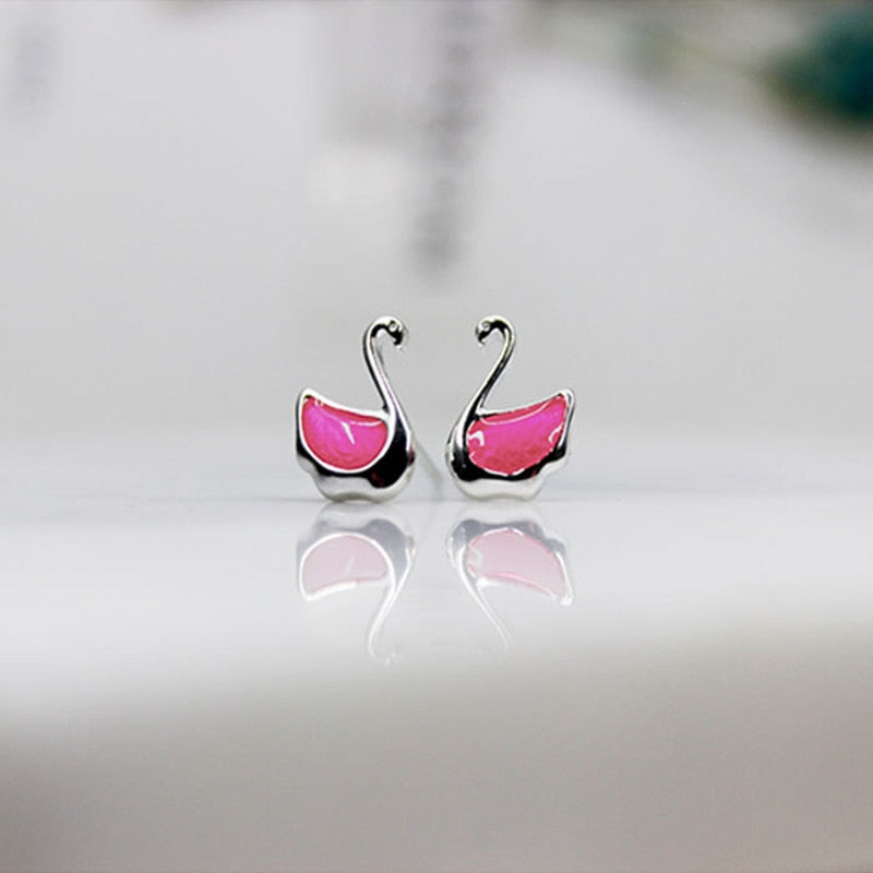 925 sterling silver earrings swan shape pink color glue sweet stud earrings for girls earings fashion lovely jewelry