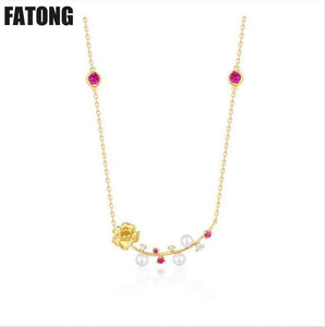 925 sterling silver literary style chic a flower with red spinel necklace female. J0140