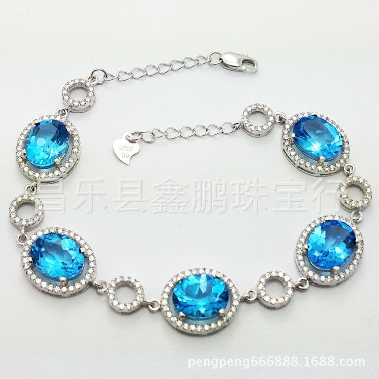 925 sterling silver topaz stone bracelet lady's color is good Blue crystal Authentic jewelry