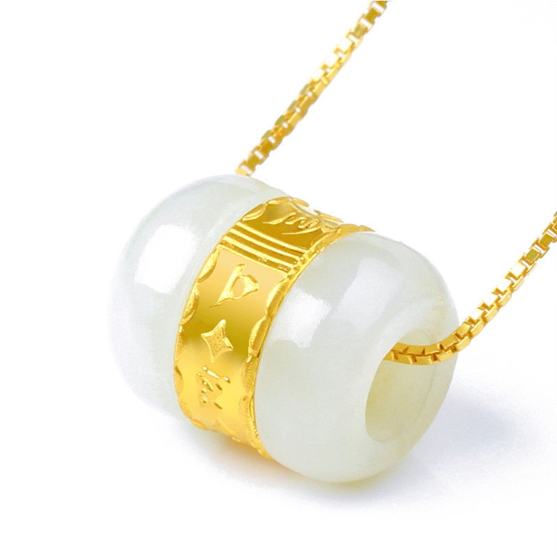 999 Gold Inlaid Natural Hetian Jade Pendant Necklace Lucky Tube Beads Wholesalefor women