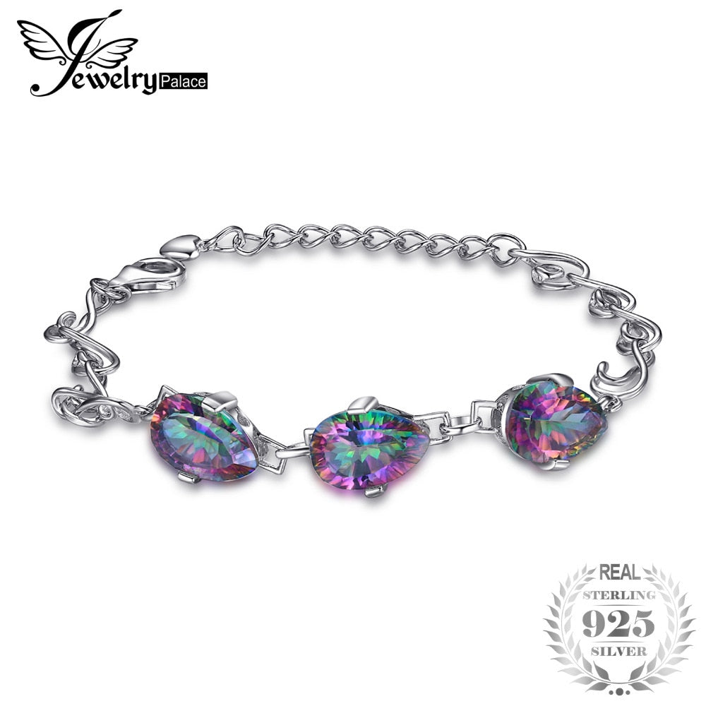 9ct Natural Mystic Fire Rainbow Topaz Bracelet Link For Women Solid Pure Genuine 925 Sterling Silver Concave Pear Fashion Brand