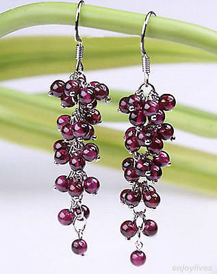 A Red Garnet Beads Cluster Grape White Plated Hook Earrings