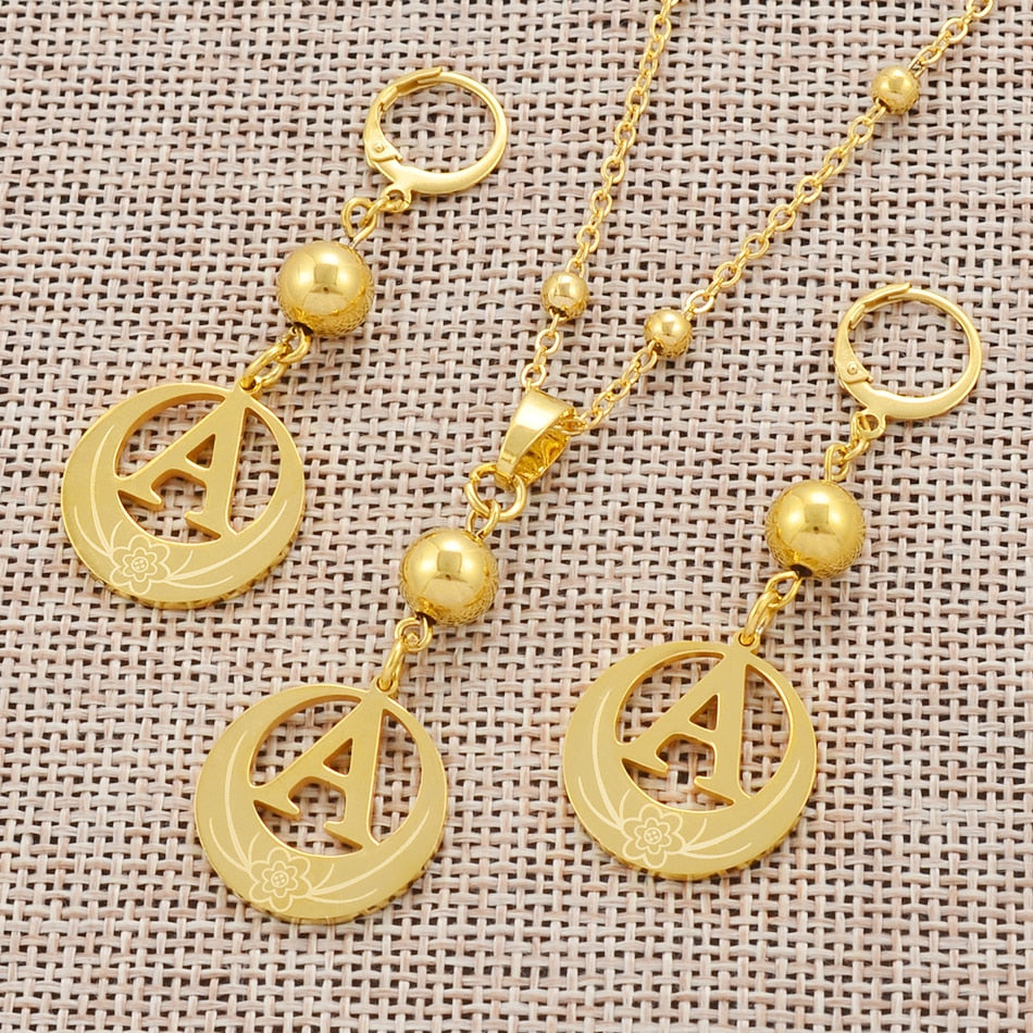 A-Z Beads Initial Necklaces Gold Color & Stainless Steel Ball Pendant Micronesia Alphabet English Letter Jewelry Gifts #102022