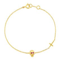 Load image into Gallery viewer, 18K Real Pure Gold Skull Skeleton Bracelet Natural Ruby Eyes Jesus Christian Cross Rock Bracelet Link Chain Bracelet