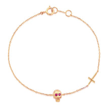 Load image into Gallery viewer, 18K Real Pure Gold Skull Skeleton Bracelet Natural Ruby Eyes Jesus Christian Cross Rock Bracelet Link Chain Bracelet